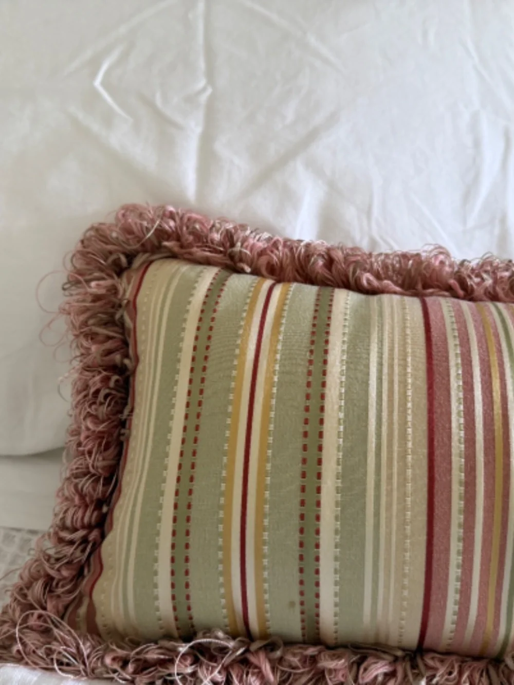 Striped Pink and Green Fringe Trimmed Bolster Pillow